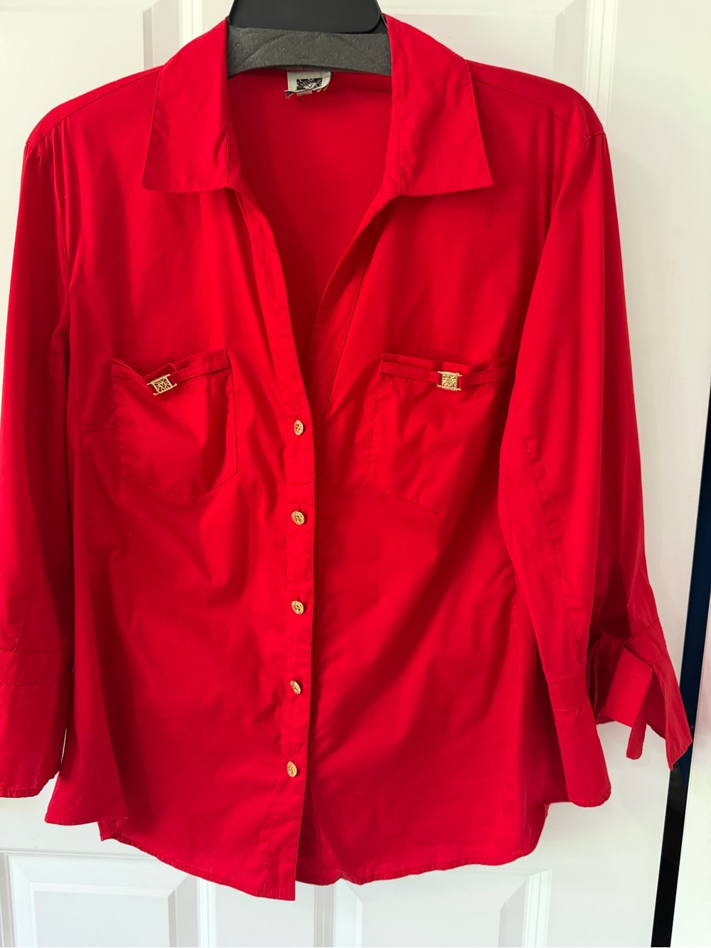 Anne Klein Vibrant Red Button-Down Shirt with Gold Hardware